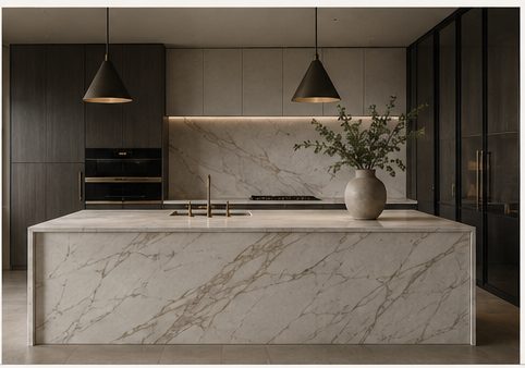 Dark granite waterfall island in a sunlit architectural kitchen, natural light across a honed stone surface