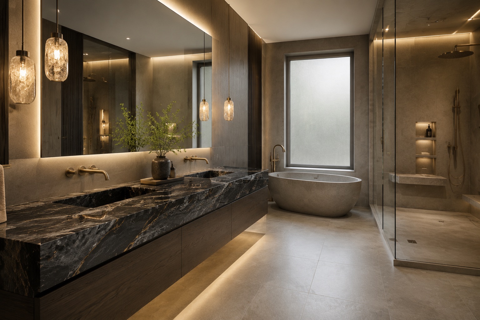 Dark dramatic bathroom vanity in honed stone under low natural light