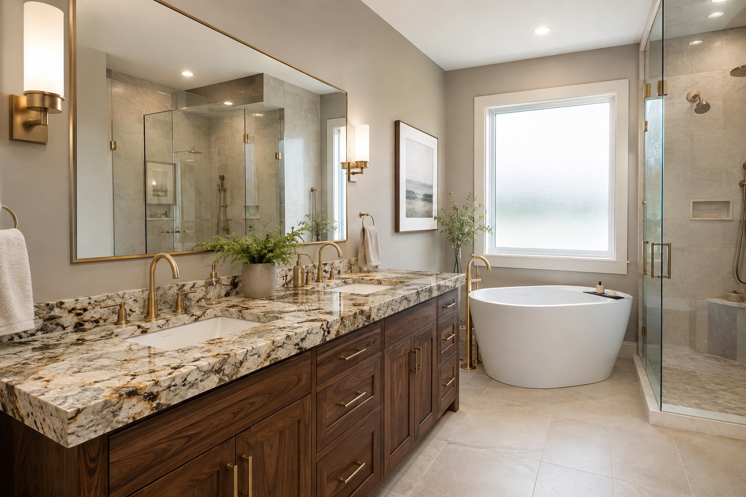 Ensuite vanity in veined marble with brass fixtures