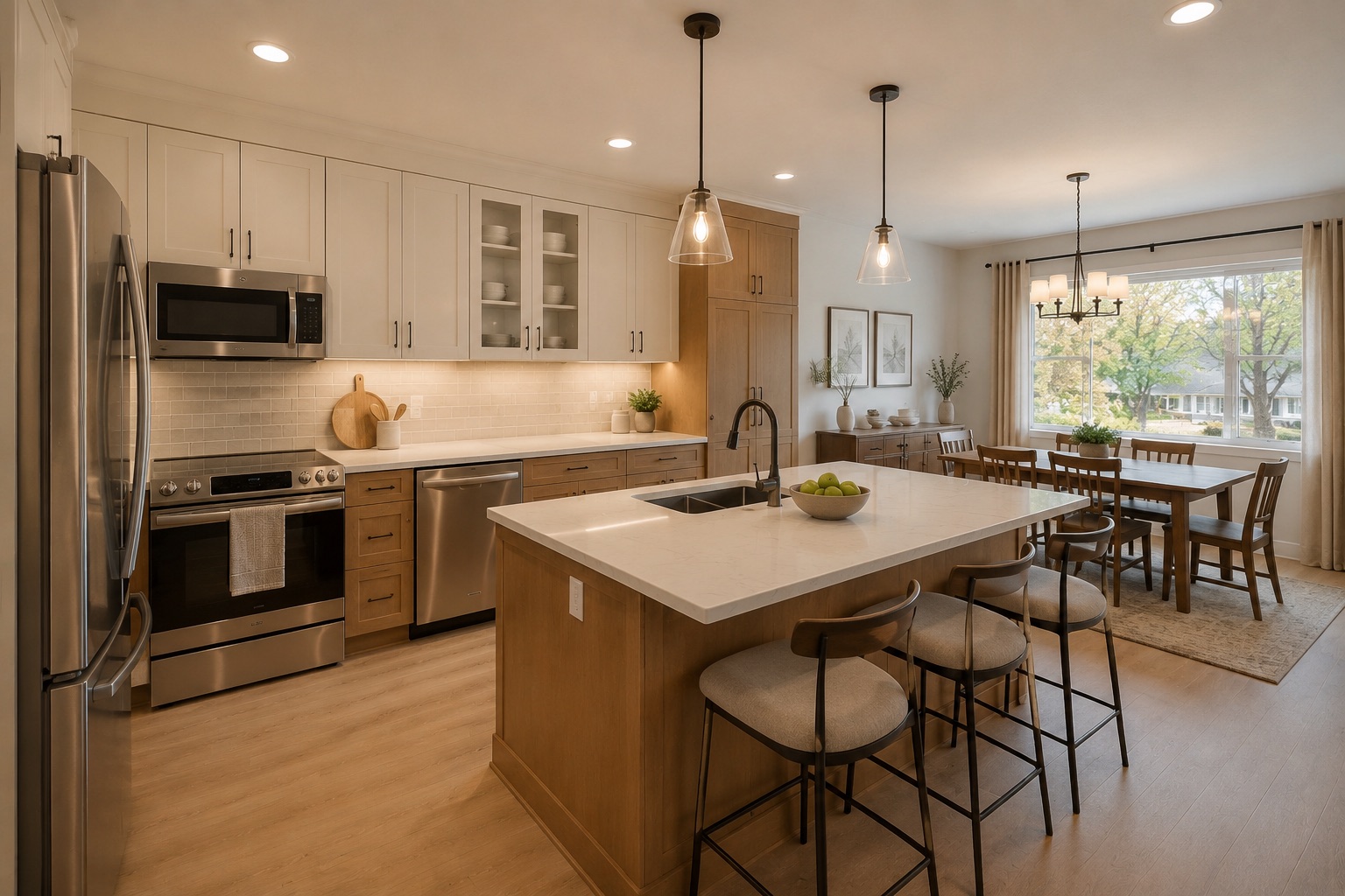Bright kitchen with a pale quartz island and warm cabinetry