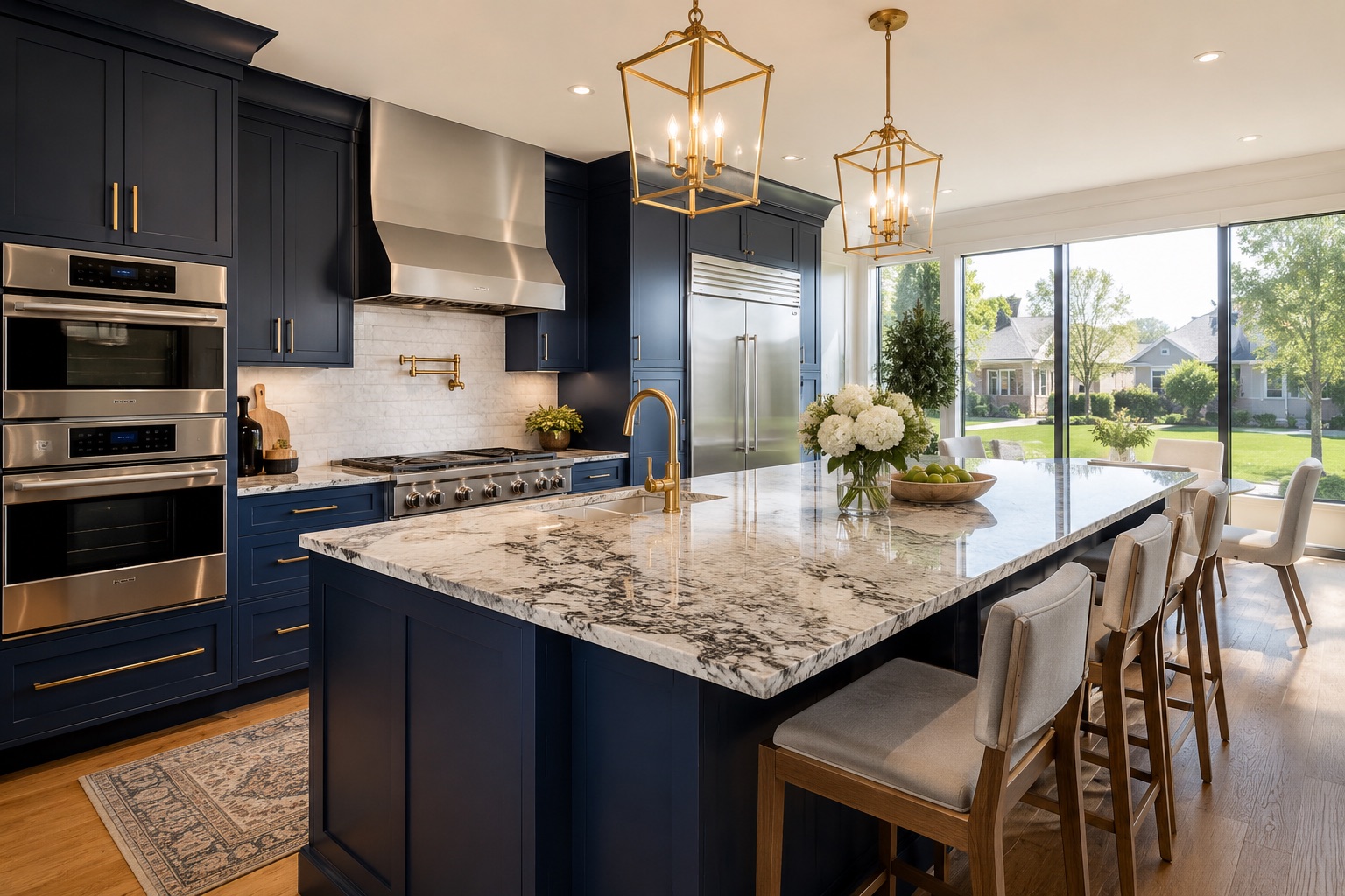 Navy kitchen with a veined granite waterfall island and brass lantern pendants