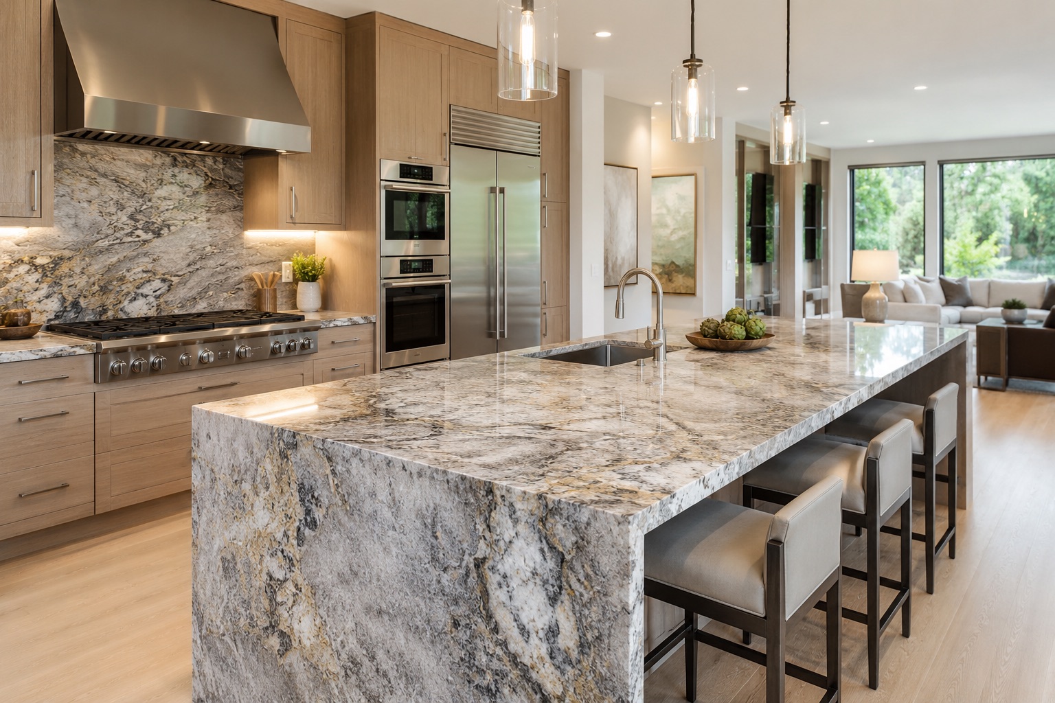 Oak kitchen with a heavily veined stone island in natural light